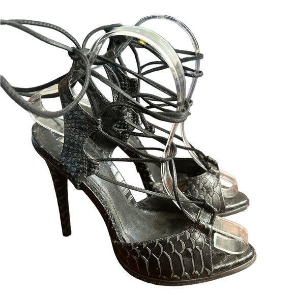 SCHUTZ Black Snakeskin Leather Tie-Up Heels - Picture 11 of 11